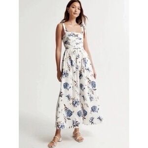 Abercrombie & Fitch Emerson Tie Strap Pleated Maxi Dress Floral Blue White Med